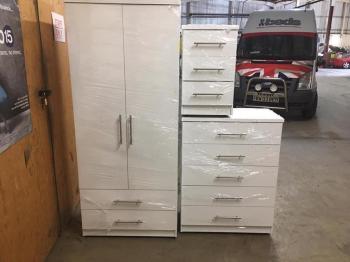 Nova white wardrobe with 2 drawers chest and bedside set