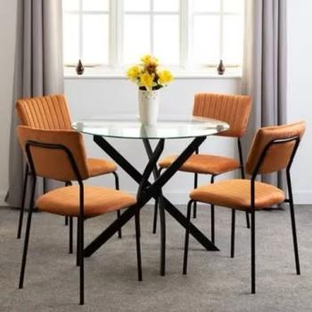 SHELDON ROUND GLASS DINING SET - ORANGE VELVET